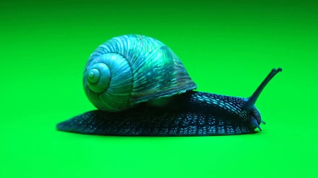 Close-up of a snail with a blue shell on a bright green background, with its head and antennae visible, in a studio setting.