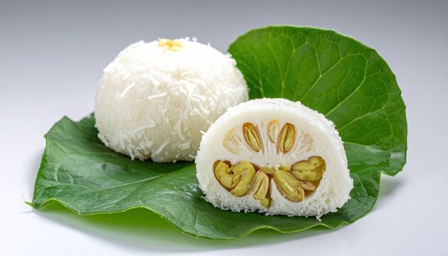 Sweet Filipino buko balls dessert coated with coconut flakes served on fresh green leaf. Traditional Filipino confection.