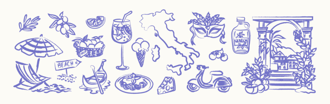Hand drawn Mediterranean travel doodle set with Italy inspired summer symbols, food, drinks, coastal objects and architectural elements. Monochrome sketch collection for postcards, prints, packaging 