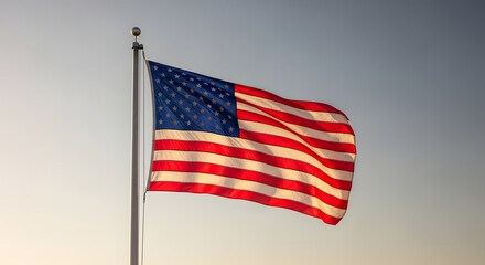 Obraz premium American flag waving on a pole against a gradient sky background