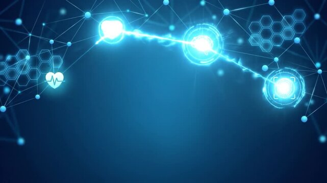 Digital health technology featuring glowing heart, brain, and fingerprint icons connected by network lines on blue background, symbolizing medical data, futuristic innovation, and secure connection