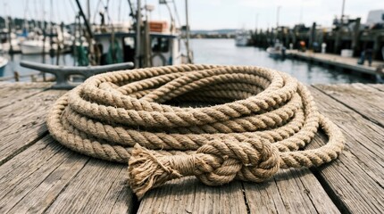 Fototapeta premium A thick, coiled rope rests on a weathered wooden dock. The rope is a natural, light brown color and features a complex knot at its center.