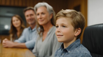 Obraz premium A multi gene nal family sits attentively in a modern conference room with a young boy in the foreground