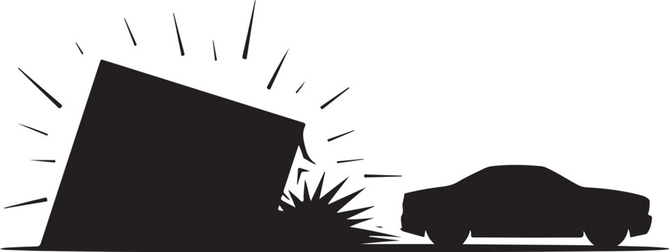 Black silhouette car crashing into wall with motion lines