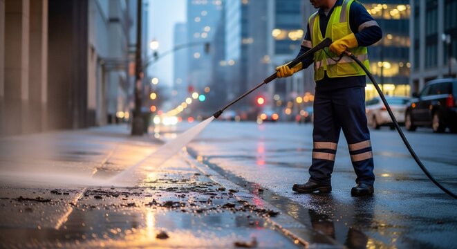 Dedicated City Worker Power Washing Dirty Sidewalk at Dusk, Ensuring Urban Cleanliness and Public Safety