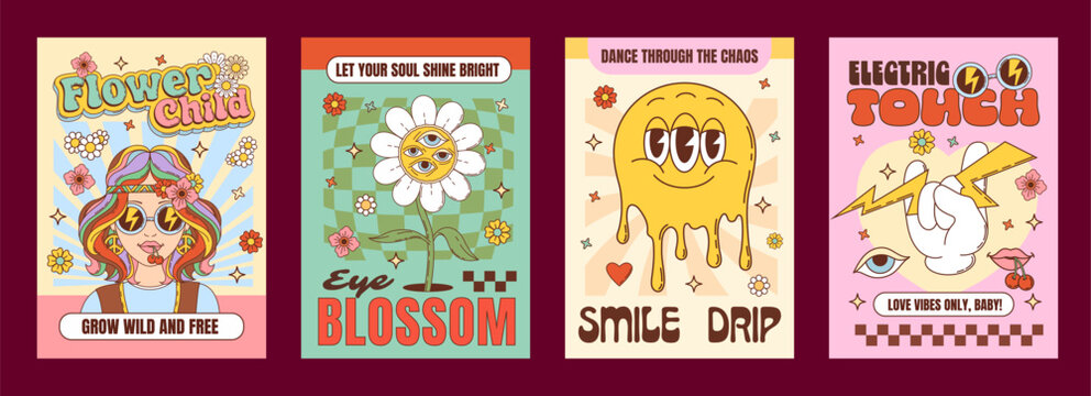 Retro groovy hippie characters posters with melting smile emoji drip and daisy flowers, vector psychedelic art. Y2K groovy posters with hippie girl in sunglasses and rainbow hair with good vibe quotes