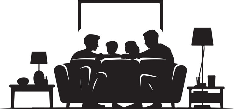 Black silhouette family sitting on couch between two end tables