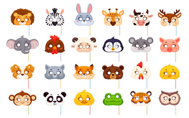 Fototapeta premium Cartoon carnival party animal and bird masks for festive masquerade, vector props. Carnival animal masks with circular eye cutouts and stripe sticks, funny lion, cat and bunny or panda and tiger masks