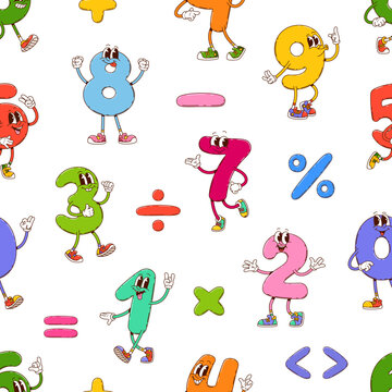 Groovy math numbers characters school education seamless pattern. Cartoon vector tile with funny digits and arithmetic symbols. Retro educational background with vintage personages and y2k hippie vibe