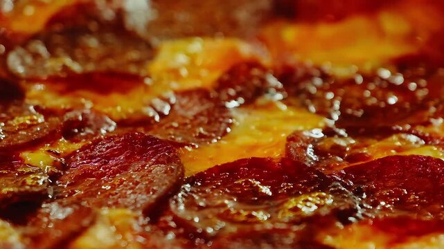 Hot pizza with slices of sausage and melted cheese rests on plate with steam rising gently. Delicious pizza releases comforting scent