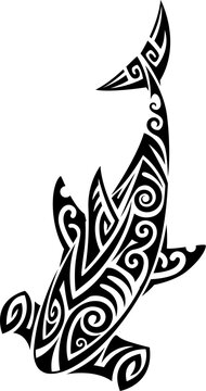 Maori hammerhead shark animal tribal black tattoo or symbol. New Zealand ethnic graphic decoration, Samoan tribe folk symbol. Maori warrior black tattoo
