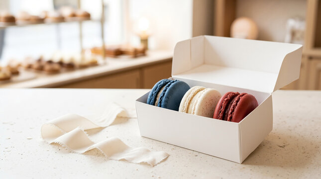 Elegant french flag macarons in a minimalist gift box on a bakery counter