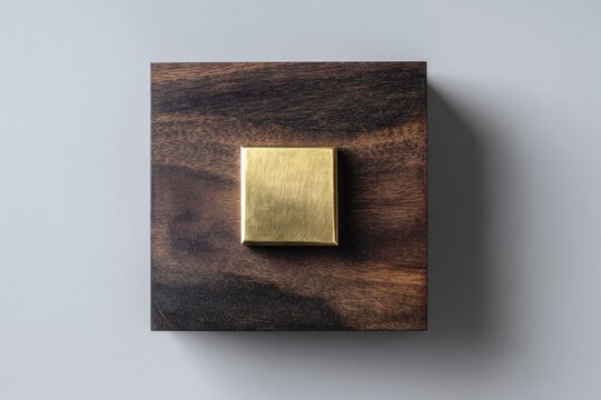 A golden square object centered on a dark wooden block, on a light gray surface