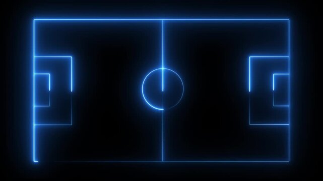 Animation of neon sports stadium on black background with neon lights match football isometric field video animation, Soccer field stadium or football lawn with panoramic.4K video