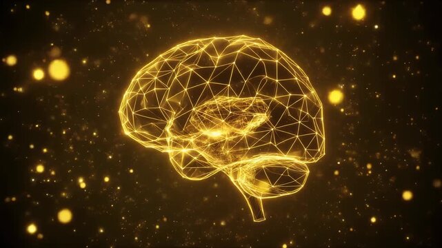 A glowing golden wireframe representation of a human brain surrounded by sparkling particles, symbolizing artificial intelligence and advanced technology.