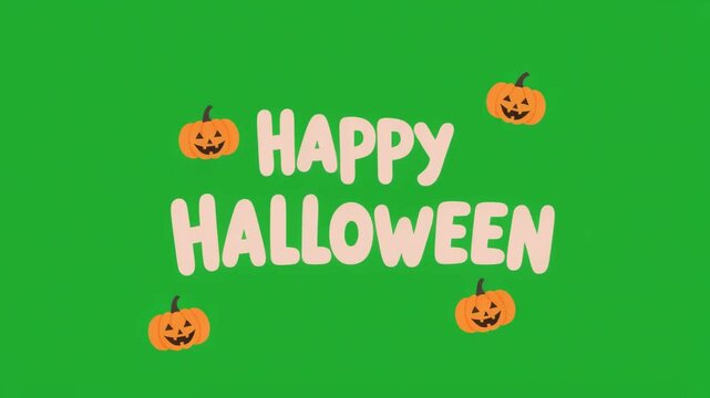 Happy Halloween text with four small smiling pumpkins on a vibrant green background.