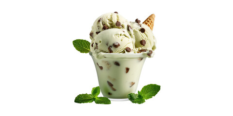 Delicious mint chocolate chip ice cream in a cup with a crispy cone and mint leaves. © CoolVectors