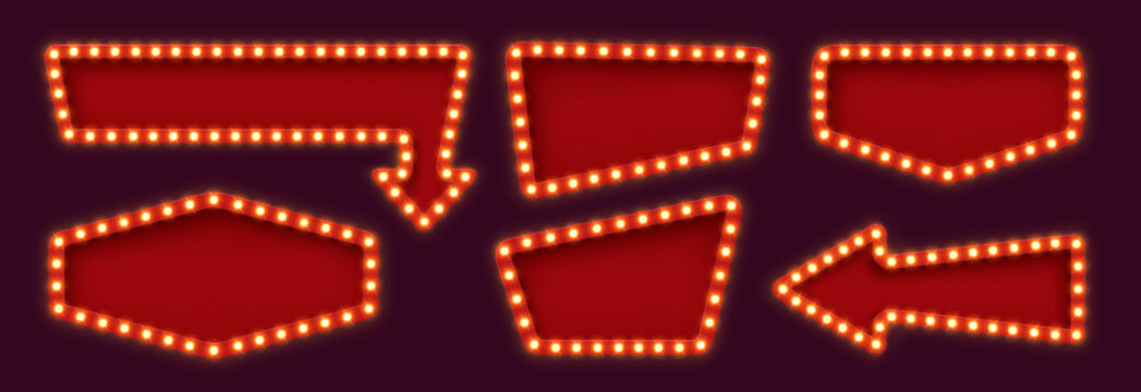 Retro lightbox billboard, quiz party and lottery signboard, light bulb marquee frame, circus board, arrow and banner frames with glowing lightbulb border. Vector vintage Illuminated red cinema panels