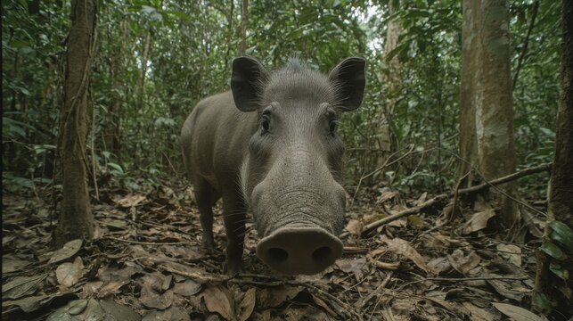 A close-up, cinematic low-angle shot of a babirusa walking through a dense, verdant forest.