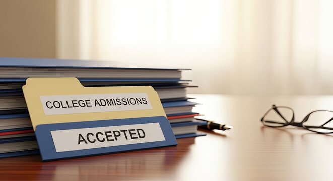 A stack of blue folders with 'College Admissions' and 'Accepted' labels on a wooden desk with a pen and glasses.