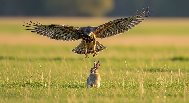 Majestic bird of prey with wings spread wide, descending rapidly towards a startled rabbit in a sun-drenched, open green field, capturing a dramatic moment of wildlife interaction