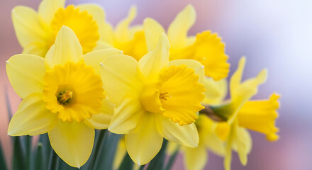 Fototapeta premium Vibrant yellow daffodils in full bloom, showcasing their delicate petals and bright centers, a classic symbol of spring and joy