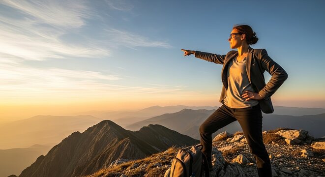 A woman in a suit standing on a mountain peak at sunset, pointing towards the horizon.