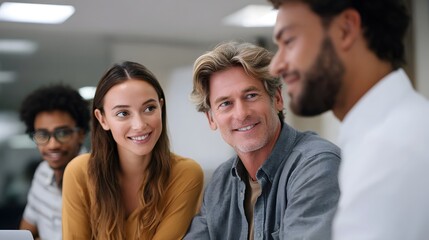 Obraz premium A diverse group of professionals engage in a positive and collaborative meeting smiling and actively participating in a modern office environment