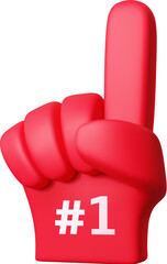 Naklejka premium 3d number one fan glove, winner symbol. Vector red foam hand with raised index finger gesture and 1 symbol. Vector cheerleader hand sign for sport competition, victory celebration, fan support event