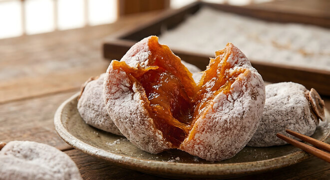 Close-up of traditional Korean dried persimmons called Gotgam on a ceramic plate, sweet chewy fruit snack with white sugar powder