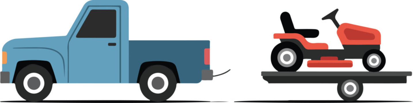 Blue pickup truck towing a trailer with a red riding lawn mower representing landscaping services gardening business and professional lawn maintenance vector illustration.