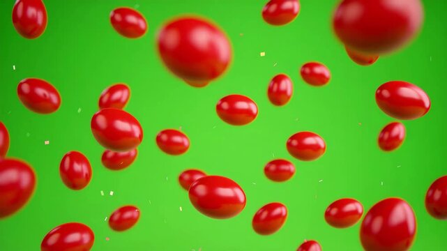 Red Easter eggs floating on green backdrop, vibrant holiday design, traditional Easter celebration, springtime festivity, colorful egg pattern, Easter decoration concept, joyful spring mood