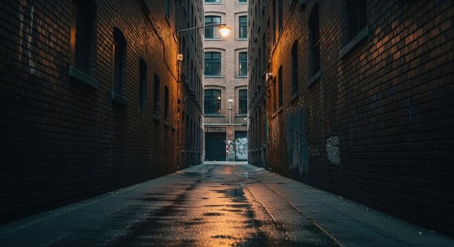 A dimly lit, narrow alleyway with brick walls and a single streetlight casting a warm glow.