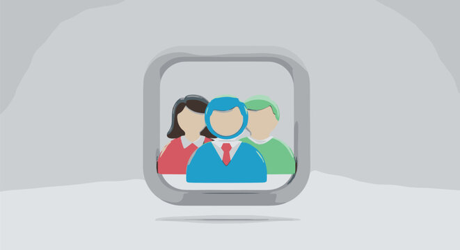 A stylized icon of three faceless figures, including a man in a tie, is contained within a rounded grey square floating above a textured grey background.