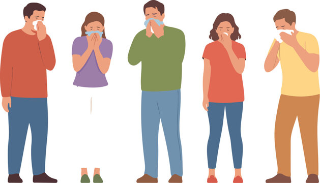 Diverse group of people sneezing and blowing their noses with tissues representing seasonal allergies common cold flu symptoms and respiratory illness vector illustration.