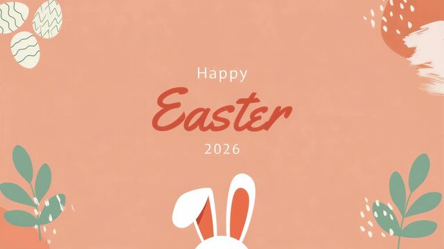 Happy Easter 2026 minimalist greeting card on peach gradient background, hand lettered typography, bunny ears silhouette, painted egg doodles, spring leaves corners, modern holiday poster layout