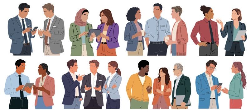 Diverse group of professionals in business attire. People engaged in casual conversations, exchanging ideas. Some hold phones, notebooks, or coffee cups