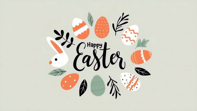 Happy Easter greeting card design with bunny and eggs illustration, festive holiday message, spring celebration typography, traditional Easter symbols, seasonal greeting background