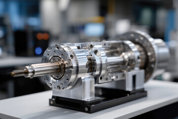 Fototapeta premium This image showcases a detailed mechanical engine model highlighting precision engineering and modern design, emphasizing the beauty of technological advancements in machinery.