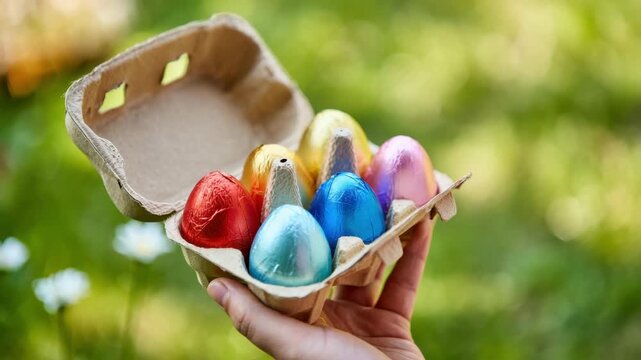 Easter chocolate eggs in recycled carton held in hand outdoors, colorful foil wrapped sweets for spring holiday celebration, egg hunt preparation, seasonal gift, family tradition, green bokeh