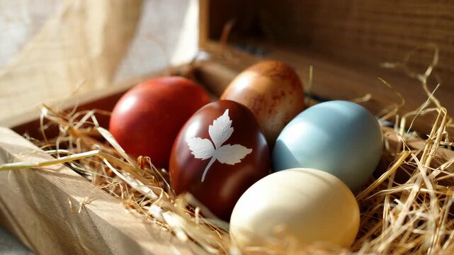Natural dyed Easter eggs with leaf imprint in rustic basket, organic holiday decoration, handmade celebration, traditional spring theme, classic pastel colors, straw nest craftsmanship