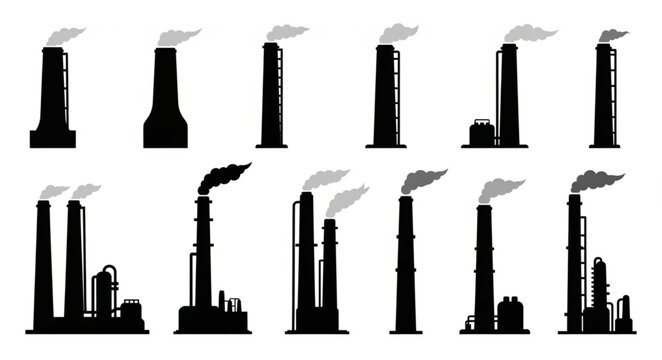 Industrial Chimneys Silhouettes - A Collection of Factory Stacks with Smoke.