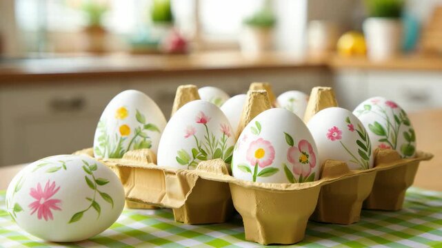Hand painted easter eggs with floral patterns in cardboard carton on kitchen table, spring holiday home crafting, pastel decoration, family activity, rustic interior lifestyle