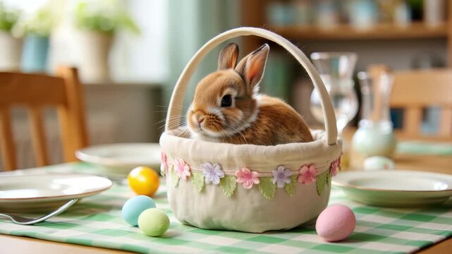 Rabbit in a decorative basket on an Easter table setting, festive holiday decor, spring celebration with eggs, joyful and playful atmosphere, indoor cozy home environment, floral theme