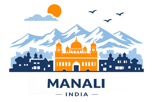 Manali Skyline Flat Vector Himalaya Mountains India Travel Landmark Illustration