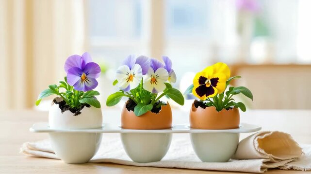 Easter table arrangement with cracked eggshell planters holding pansy flowers, spring home decor on white tray over linen napkin, natural light still life, pastel colors, copy space