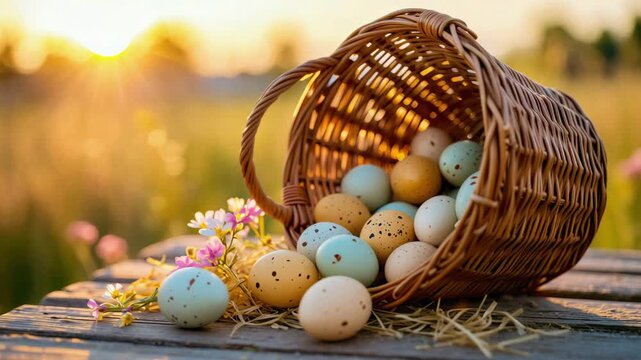 Easter basket with speckled eggs on wooden table at golden hour, pastel eggs in woven basket, wildflowers, straw, rustic spring scene with sunrise backlight, outdoor country picnic mood