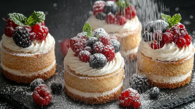 Several small, layered cakes are topped with whipped cream and fresh berries. Powdered sugar is being dusted over the desserts.