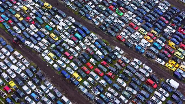 Many cars are lined up in rows at a vehicle salvage yard. The scene shows various colors and models under clear blue skies. The setting appears busy with vehicles.