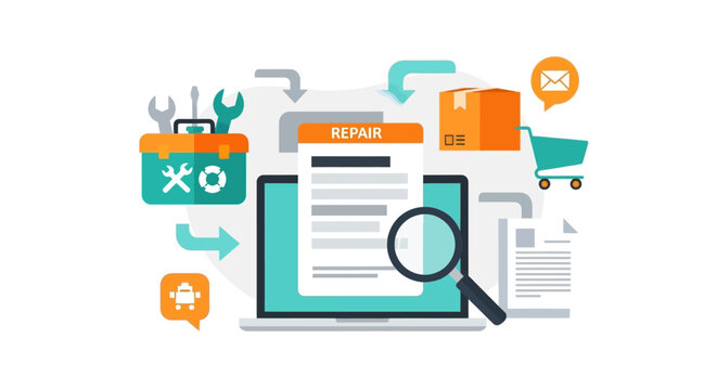 Online Repair Service Workflow with Diagnostics, Order Fulfillment & Customer Support Concept
